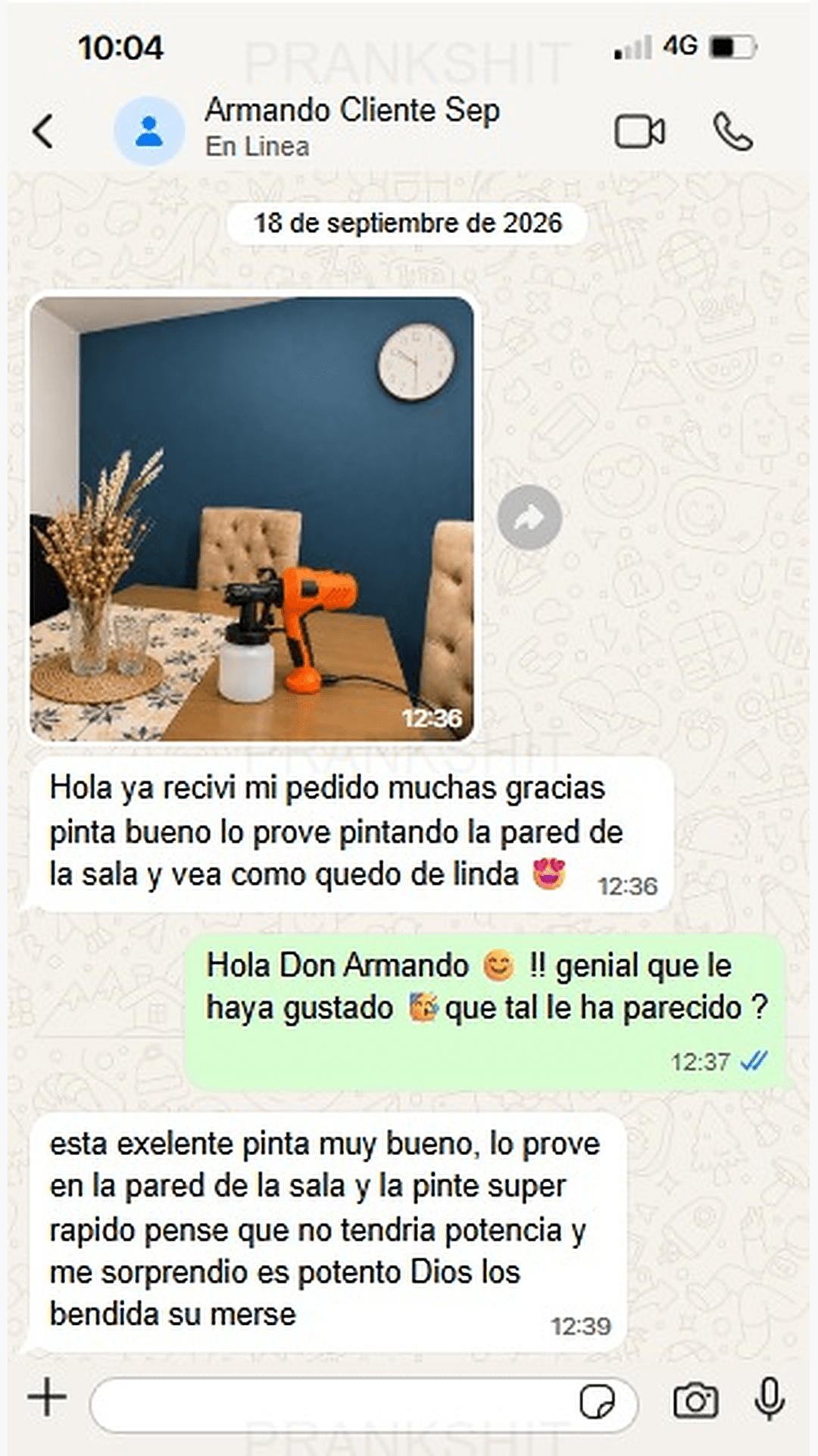 Conversación de WhatsApp con la experiencia de Don Armando utilizando la pistola eléctrica de pintura RenovaHouse